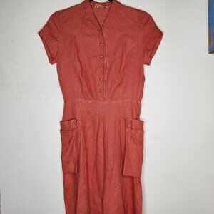 Vintage L'Aiglon Orange Pinup 50's Button Front Maxi Dress Short Sleeve, sz 10
